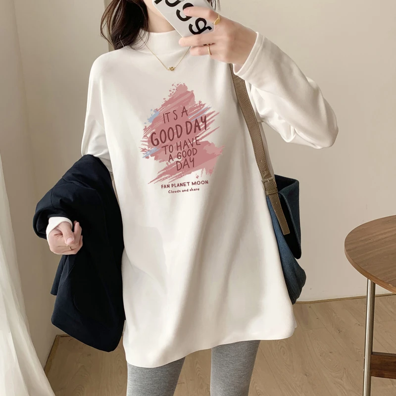 德绒加绒加厚保暖长袖T恤女宽松秋冬新款上衣打底衫半高领中长款