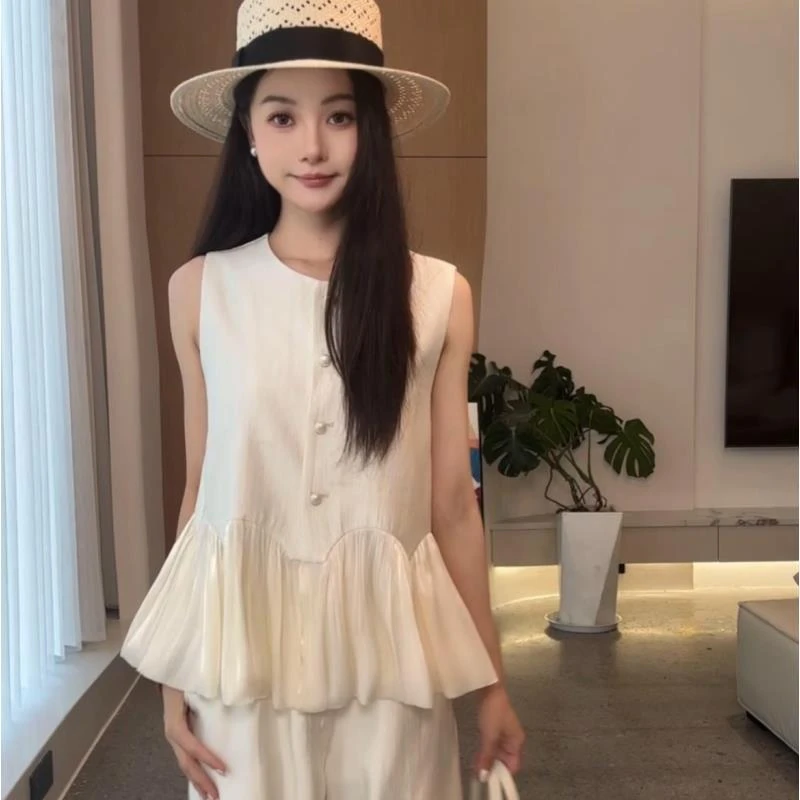 【现货】夏季轻奢时尚套装3144新款高级感小香风飘带拼接珠光两件套