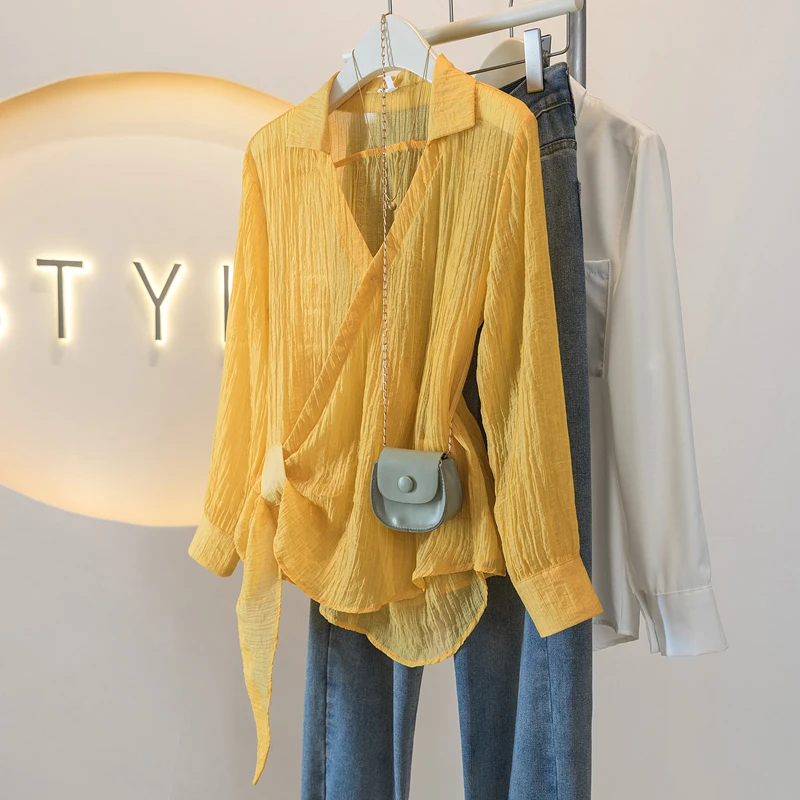 MISU/糜素慵懒度假风交叉绑带v领长袖衬衫夏季新款宽松气质设计感