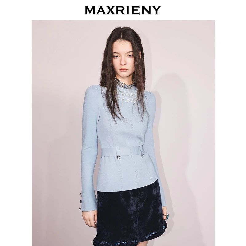 【商场同款】MAXRIENY费尔岛穿搭钉珠绣花套头针织衫25冬长袖上衣