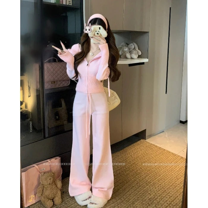 休闲套装粉色连帽短款毛衣开衫外套女装秋季针织阔腿裤长裤两件套