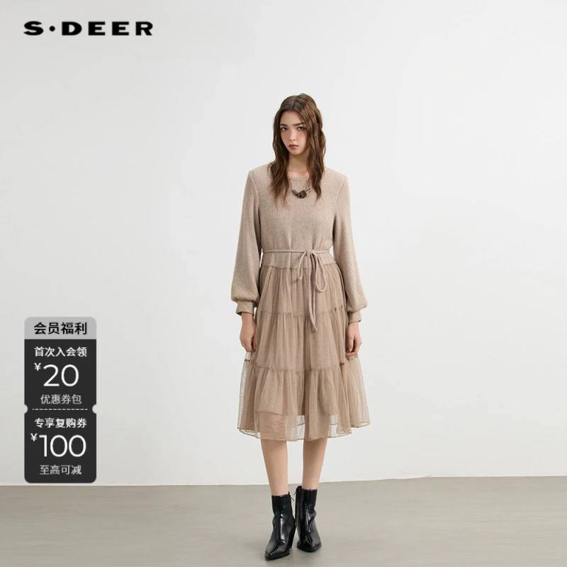 S·DEER圣迪奥女装法式优雅显瘦长袖拼接网纱连衣裙长裙S254Z1202