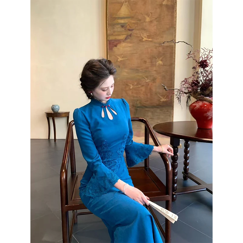 现货一生罗曼【孔雀蓝】秋季新款新中式气质高级感旗袍连衣裙L1494