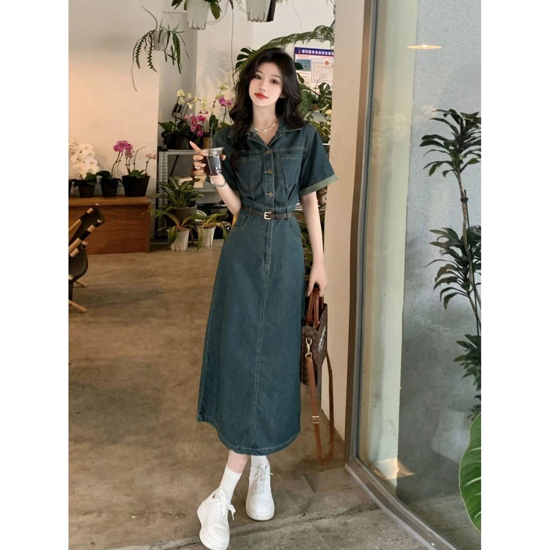 牛仔连衣裙女装夏季小众设计高级感气质女神范港味复古chic长裙子