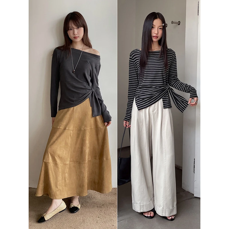 【歌铭】不规则一字肩侧绑带长袖T恤女秋季新款复古条纹上衣N458C