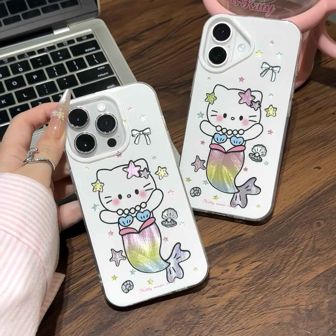 可爱人鱼尾巴KT猫适用苹果16/15羽纱手机壳vivo华为p70oppo小米13