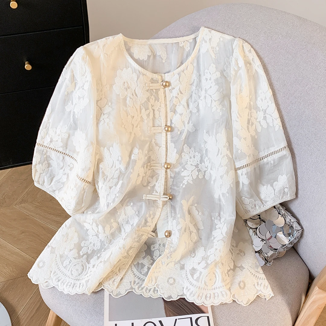 新中式国风短袖衬衫女2025新款夏季重工刺绣宽松薄款上衣中国风