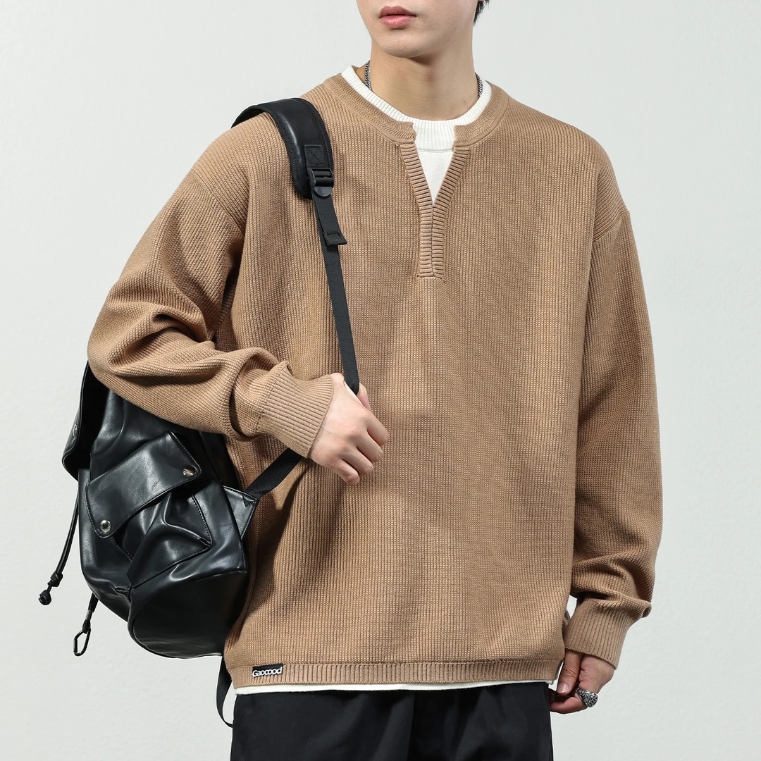 号志HAOZHI假两件加厚毛衣男2025冬季潮流V领休闲内搭打底针织衫