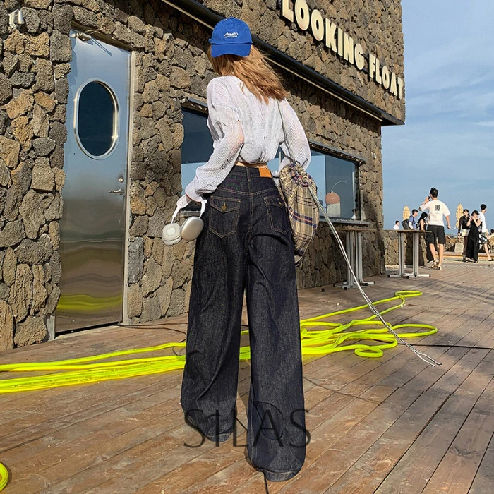 深蓝色阔腿牛仔裤女2025春季新款美式复古高腰垂感宽松显瘦拖地裤