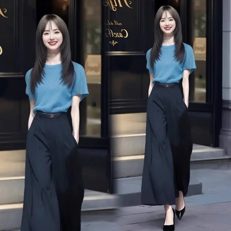 时尚套装女2025夏季新款洋气减龄显瘦冰丝短袖上衣阔腿裤两件套潮