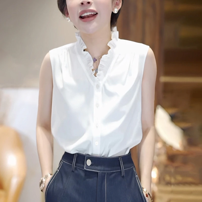 白色木耳边V领衬衫女2025新款时尚宽松洋气减龄休闲无袖气质上衣