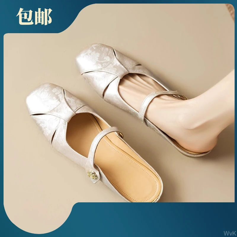 羊皮版~法式气质一字包头半拖鞋女夏外穿2025年懒人休闲平底凉拖