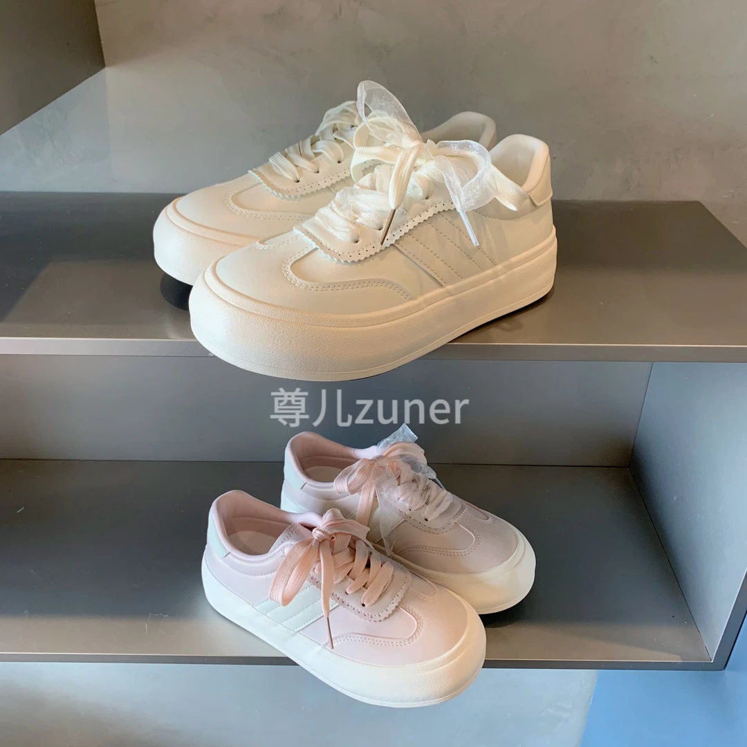 尊儿2025春季新款丝带德训鞋皮面防水小众低帮透气厚底ins板鞋