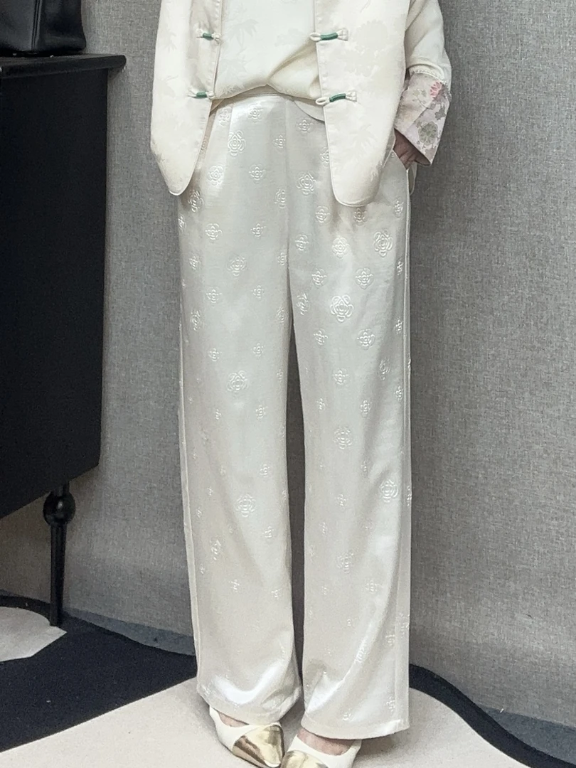 元熙家【月光玫瑰】新中式缎面提花洋气百搭显瘦松紧高腰直筒长裤