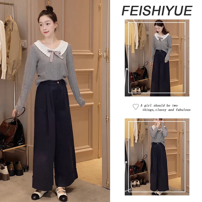 秋季超火一整套2025年新款减龄娃娃领长袖针织上衣休闲裤两件套装