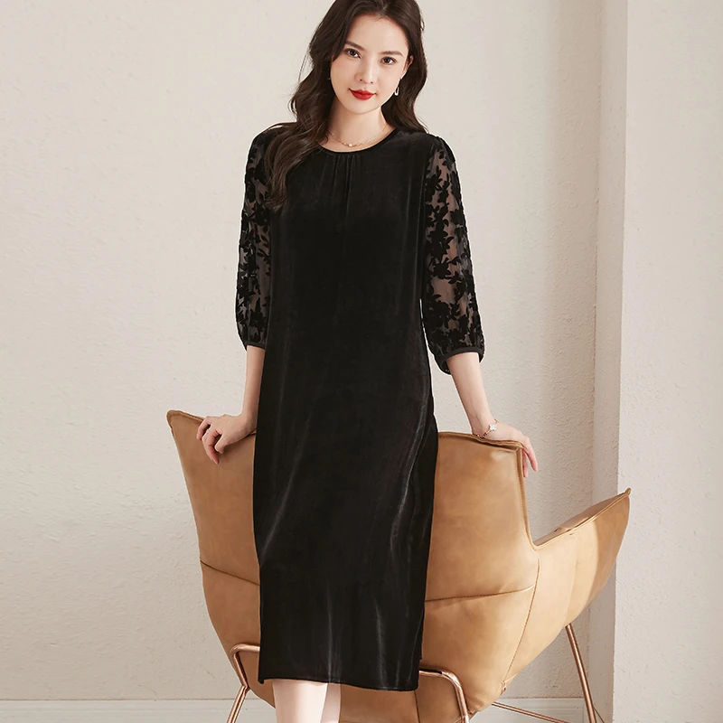 R5809高级真丝丝绒连衣裙大码显瘦长袖桑蚕丝裙子女