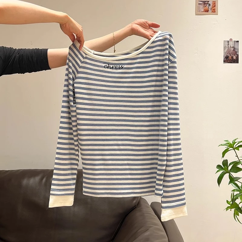 蓝色条纹斜角肩长袖女t恤春季舒适内搭露肩设计感百搭假两件上衣