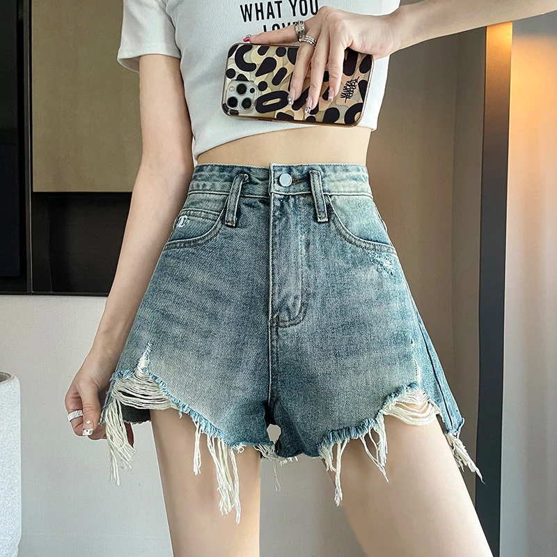 高腰显瘦牛仔短裤女夏季薄款撞色刺绣工艺小个子辣妹a字破洞热裤