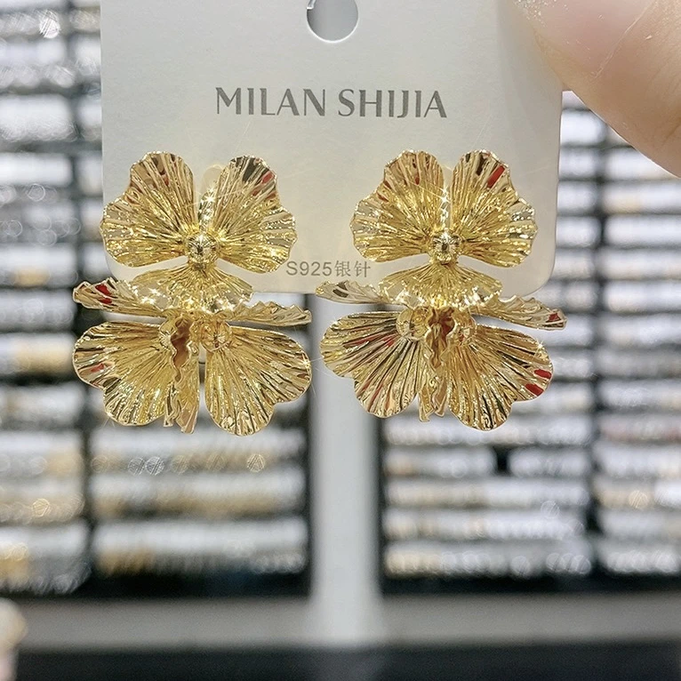 铜合金耳饰 耳环素款小众银色金色轻奢耳圈欧美高级感植物花卉
