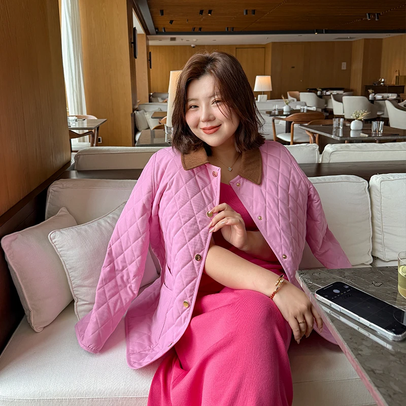 巴恩棉服/胖mm大码复古风菱格绗缝棉外套