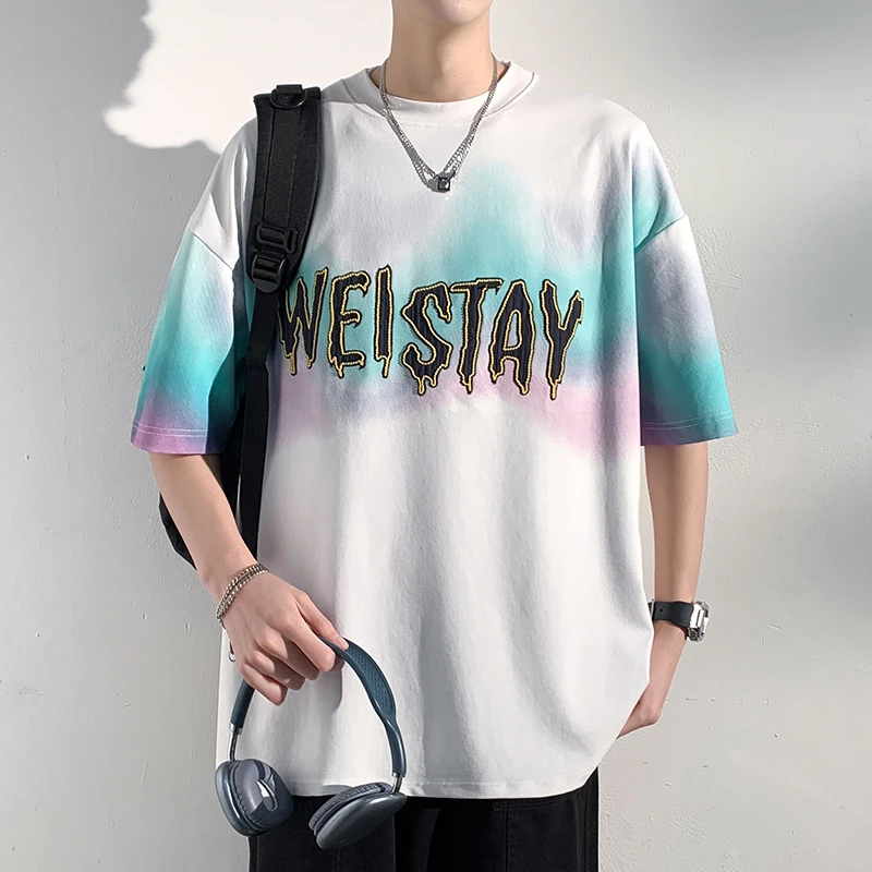 玛斯柏美式字母刺绣短袖T恤男士冰丝薄款夏季宽松透气休闲上衣男