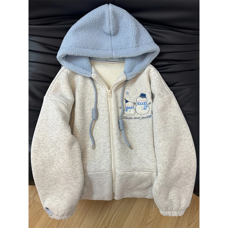 美式复古雪人刺绣连帽卫衣女秋冬加绒加厚休闲减龄学院风开衫外套