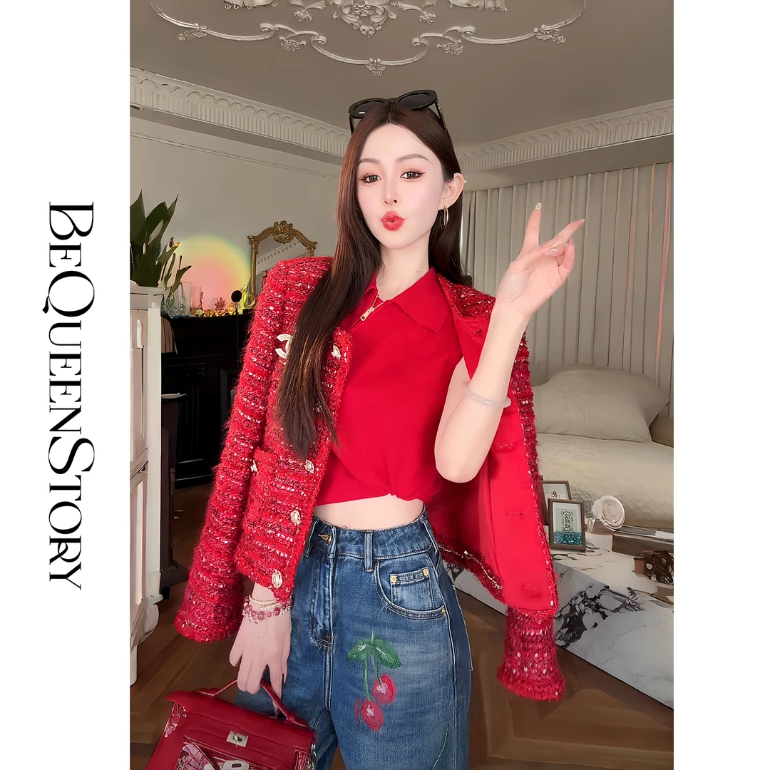 余潇潇【红宝石香香】轻奢亚麻羊毛混纺复古手工编织小香风外套早秋