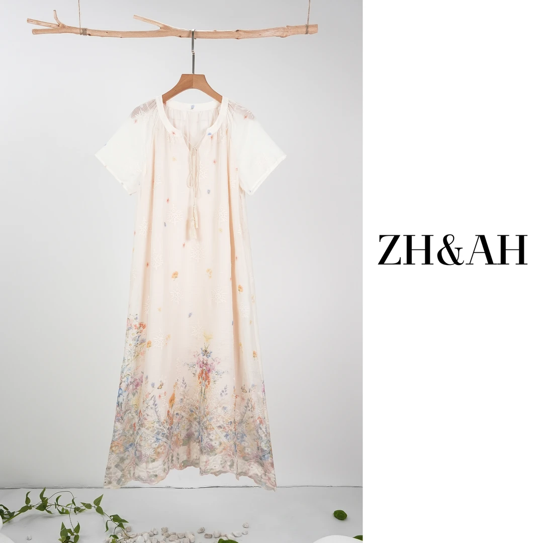 ZH&AH【知画】夏季新款时尚气质百搭设计孕期国风乔其纱刺绣连衣裙