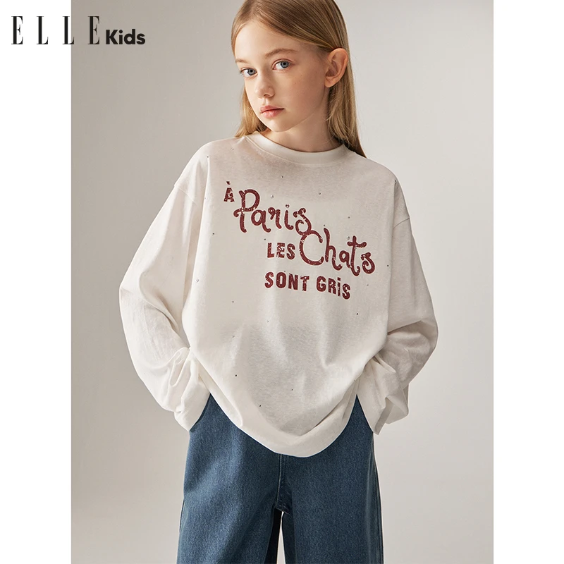 W149 ELLE KIDS 烫钻印花长袖T恤女童秋季圆领宽松休闲百搭上衣Q1