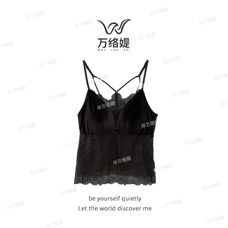万络媞2314丝绒蕾丝拼接美背吊带法式性感魅力长款内衣内搭背心