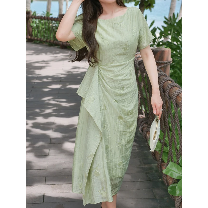 ERINA姨太太原创微胖【烟青裾语】85天丝 改良新中式度假连衣裙夏