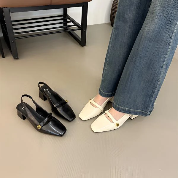 春夏方头法式山茶花简约纯色气质通勤粗跟后空粗跟凉鞋5112-7