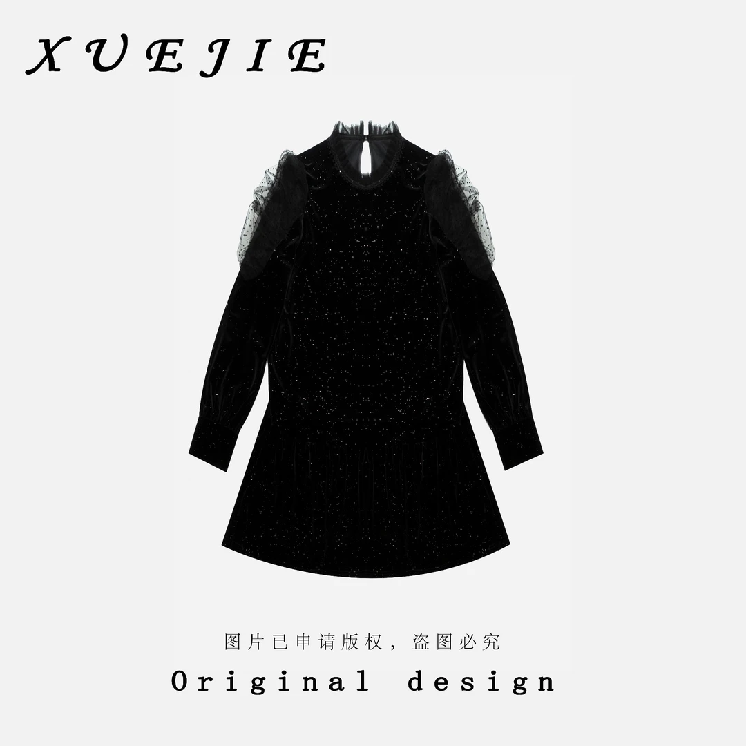 逸焰【雪姐璀璨夺目】-爆款重工圆领蕾丝肩满天星亮片丝绒裙-99630