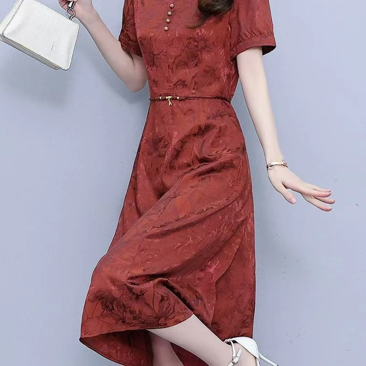 X106连衣裙夏季2025女新款收腰显瘦中老年修身妈妈优雅气质裙子