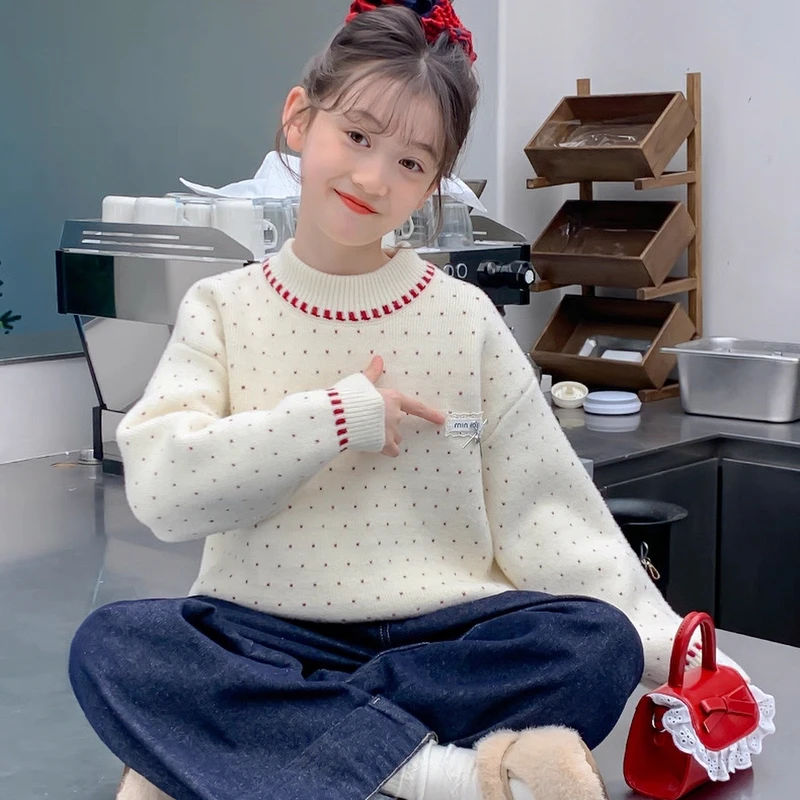 秋冬新款不起球女童圆领加绒一体绒加厚针织毛衣休闲打底保暖洋气