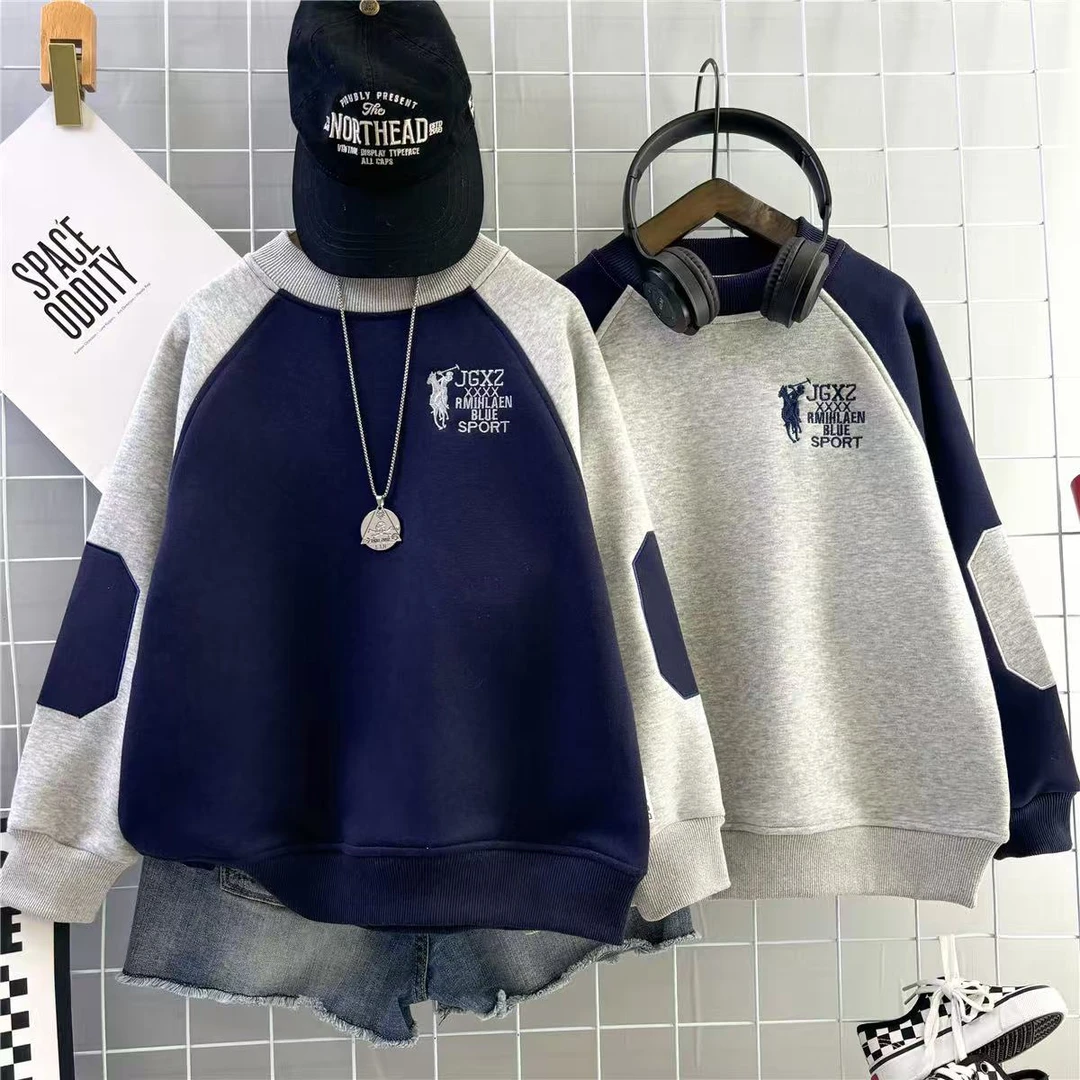 男童卫衣宽松加绒加厚韩版百搭秋冬拼色