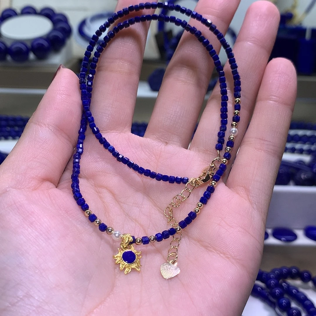 青金石合金天然原矿小米珠项链2m+