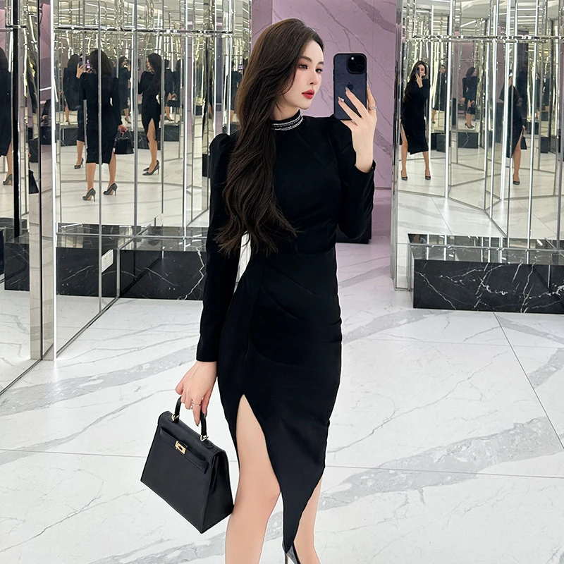 60017春装新款女设计感重工镶钻修身包臀开衩优雅黑色连衣裙