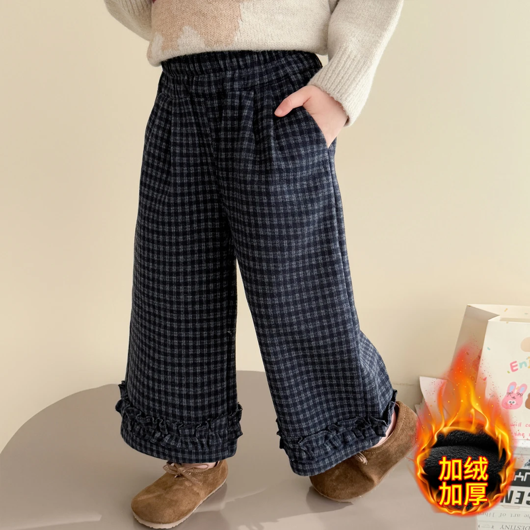 女童加绒格子儿童裤子秋冬加厚2026新款洋气小女孩花边裤直筒长裤