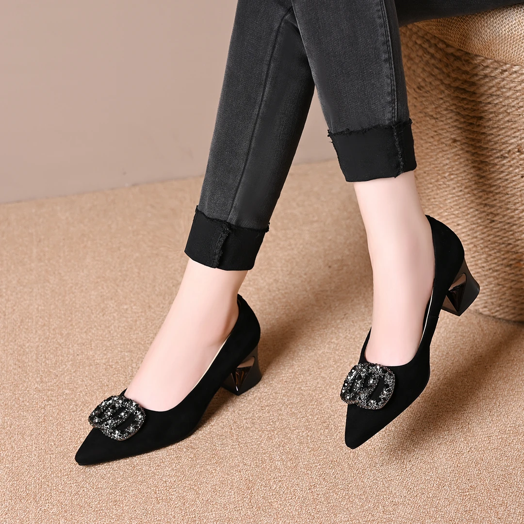 真皮羊皮水钻中跟鞋尖头单鞋女2025新款女士一脚蹬女鞋秋季浅口鞋