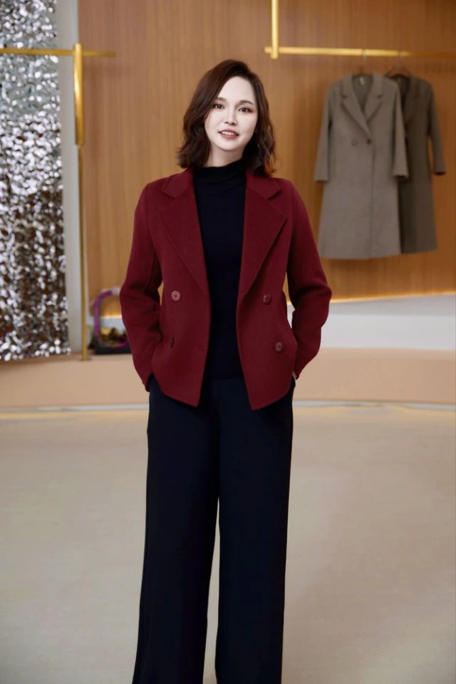 酒红色直下摆秋冬双面百搭修身休闲100%羊毛毛呢外套西装领女短款