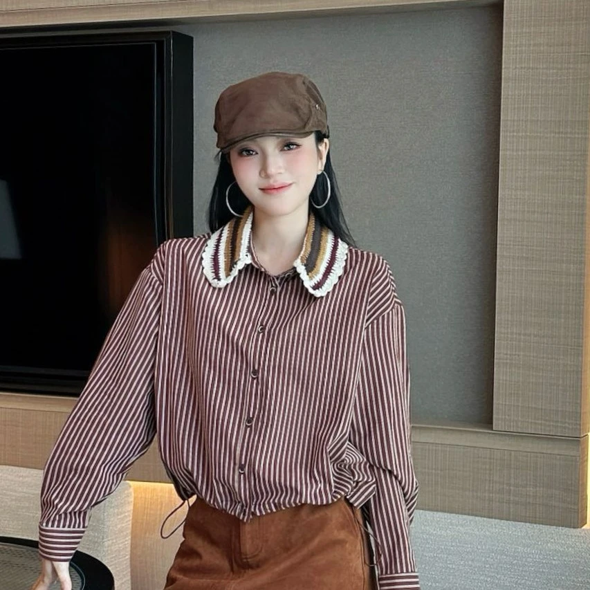 条纹长袖衬衫女宽松显瘦韩系减龄通勤上衣3119
