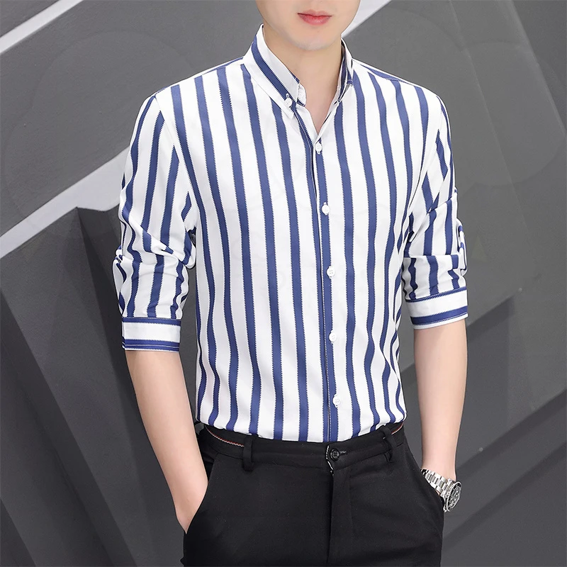 2025夏季男士潮流短袖上衣冰丝衬衫青年条纹长袖寸衫7分中袖T恤衫