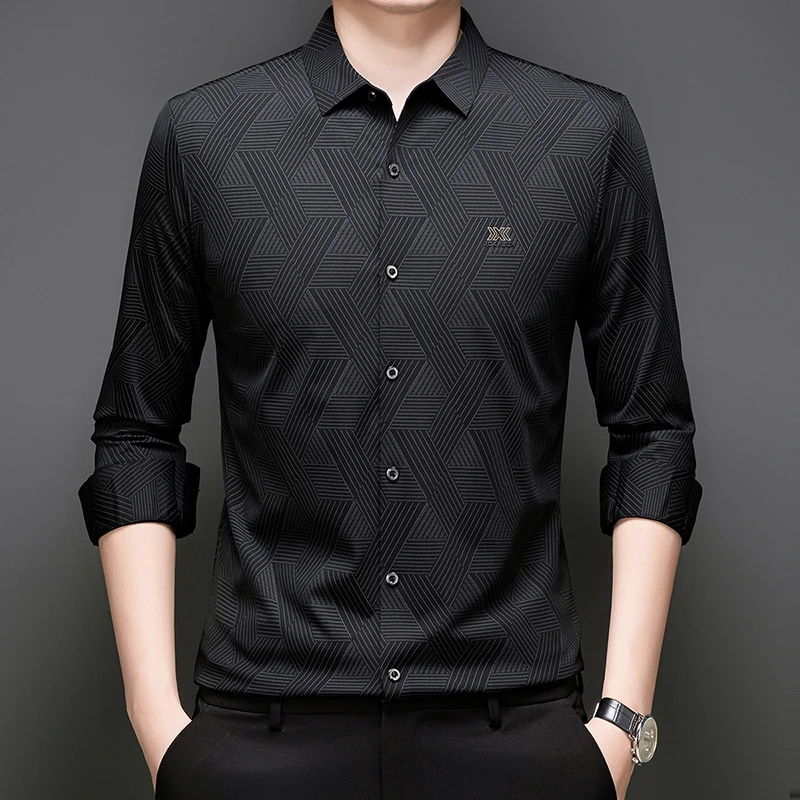 老爷车男士免烫衬衣时尚潮流几何条纹印花男长袖春秋抗皱25新款