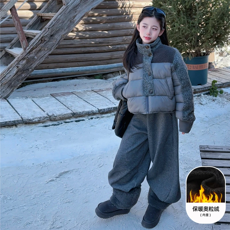 女童羊羔毛拼接棉衣冬季套装2025新款中大童韩系面包服加绒弯刀裤