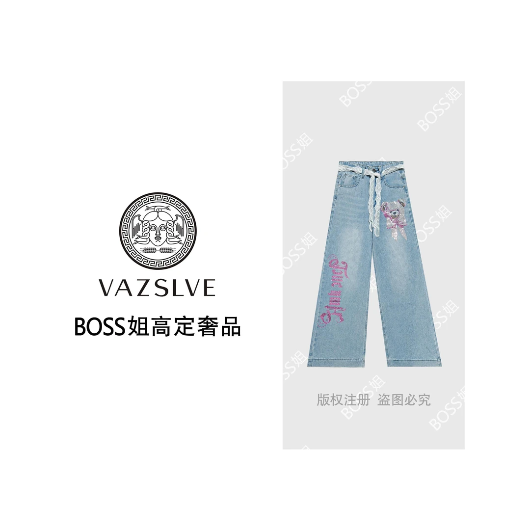 【VAZSLVE/原创设计】重工烫钻蝴蝶熊洋气百搭阔腿牛仔裤KZ4275