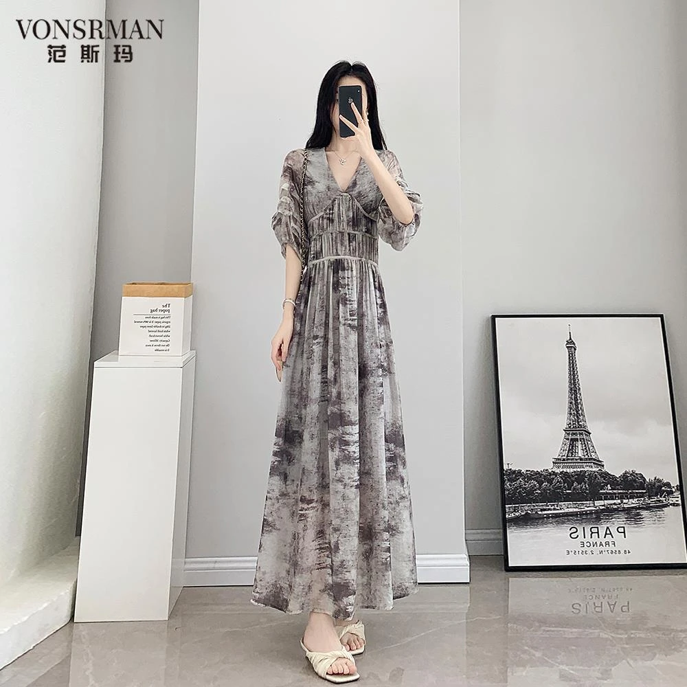 法式高级感水墨画连衣裙女夏2025新款V领气质收腰显瘦长款印花裙v