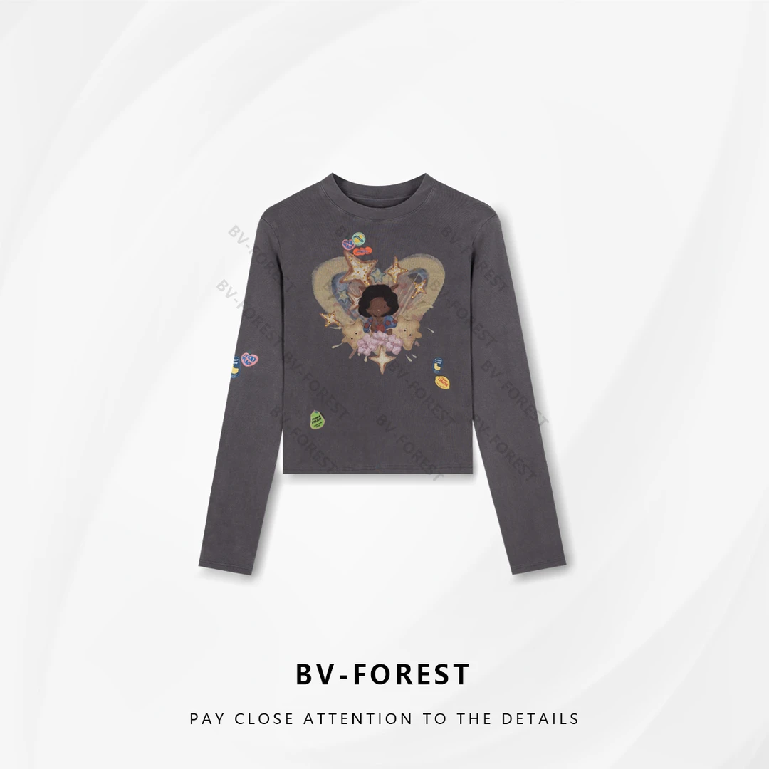 BV-FOREST“爆炸头女孩”秋季新款减龄显瘦潮流烫钻长袖T恤BV-T0556