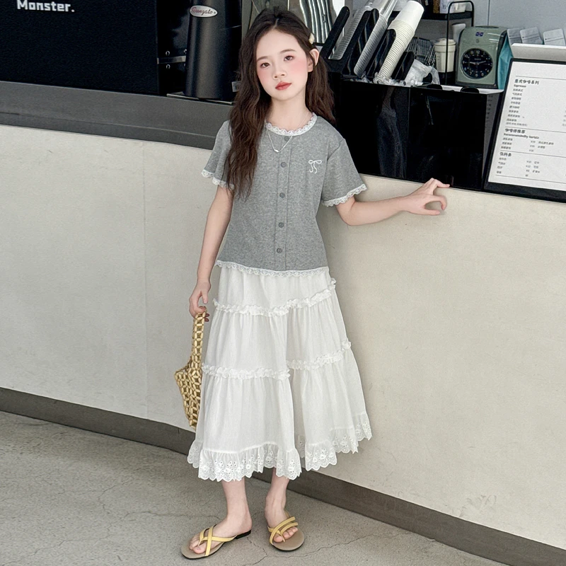 女童夏季花边短T半身裙套装2025新款中大童时髦百搭甜美两件套潮