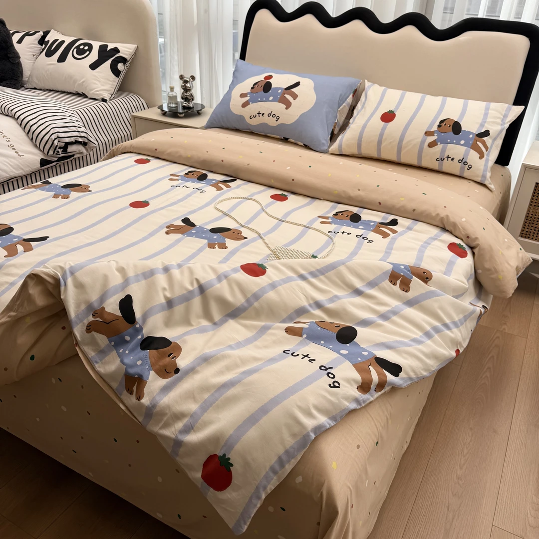 诺漾家纺-全棉简约卡通印花床上四件套被套床单卧室宿舍三件套件